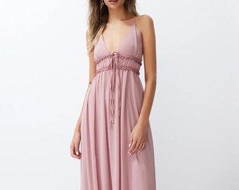 Rose Pink Maxi Chiffon Strappy Summer Dress | Rose Pink Patterned A-Line Ruffle Detailed Lined Chiffon Maxi Dress |Maxi Strappy Night Dress