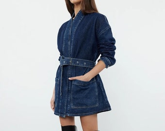 Oversized Denim Jacket, Pocketed, Hip-Length Women&#39;s Jacket, Classy Long Trench Coat, Spring Long Sleeve Hip Length Jean Loose Coat Jacket