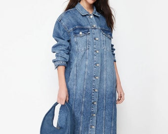 Denim Blue Women Trench Coat Dress, Classy Midi Trench Coat, Spring Long Sleeve Jean Loose Denim Belted Trench Dress