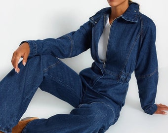 Denim Blue Long Detailed Jean Jumpsuit - Full leg length linen Jumpsuit Jean Romper for Women gift for women, Jumpsuit Women linen, Romper