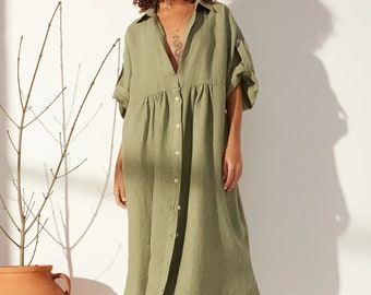 Green Oversize Maxi Linen Dress | Trendy Skirt Style Long Linen Dress| Long-Sleeve Linen Dress for Summer | Maxi Casual Skirt Summer Dress