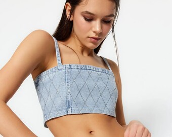 Blue Crop Denim Bustier with Shiny Stones | Denim Crop Top Colour Corset | Blue Denim Sleeveless Crop Top for everyday | Denim Bustiers