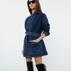 Oversized Denim Jacket, Pocketed, Hip-Length Women&#39;s Jacket, Classy Long Trench Coat, Spring Long Sleeve Hip Length Jean Loose Coat Jacket
