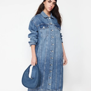 Denim Blue Women Trench Coat Dress, Classy Midi Trench Coat, Spring Long Sleeve Jean Loose Denim Belted Trench Dress image 1