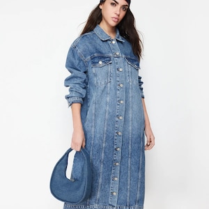 Denim Blue Women Trench Coat Dress, Classy Midi Trench Coat, Spring Long Sleeve Jean Loose Denim Belted Trench Dress