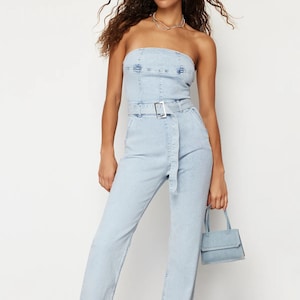 Combinaison en jean longue et détaillée en denim noir Combinaison toute la longueur des jambes Barboteuse en jean pour femme, Combinaison en coton pour femme, Barboteuse pour femme image 1