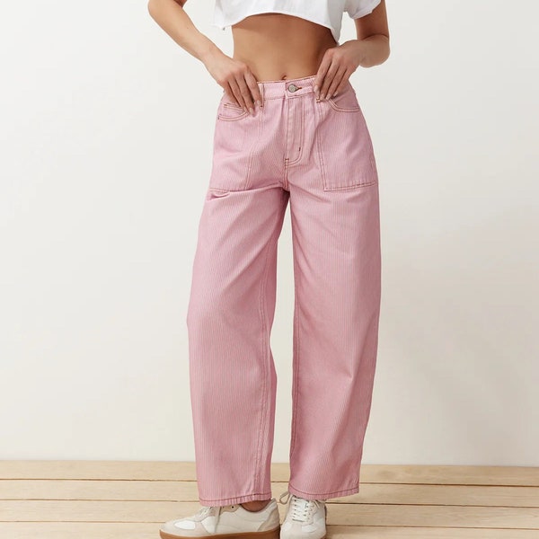 Pink Striped High-Waisted Barrel Jeans| Straight Jeans Women Fashion  Loose High Waist Pants | Women's Barrel Denim Pants| Pink Barrel Jeans