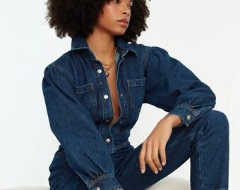 Denim Blue Long Detailed Jean Jumpsuit - Full leg length linen Jumpsuit Jean Romper for Women gift for women, Jumpsuit Women linen, Romper