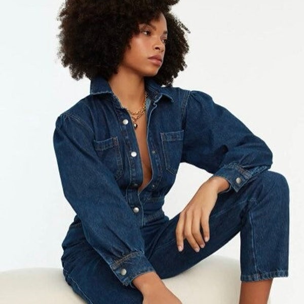 Denim Blue Long Detailed Jean Jumpsuit - Full leg length linen Jumpsuit Jean Romper for Women gift for women, Jumpsuit Women linen, Romper