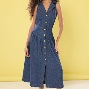 Vestido vaquero midi azul oscuro con cuello camisero, vestido informal con botones, vestido de verano moderno, elegante vestido vaquero midi sin mangas para mujer.