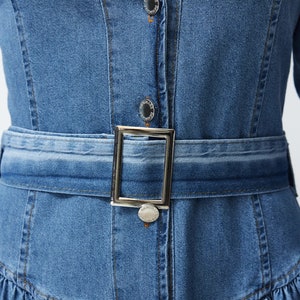 Stylish Belted Blue Jean Maxi Dress Trendy Belted Jean Dress Mid-Sleeve Belted Jean Dress Knee-Length Casual Shirt Collar Denim Dress image 8