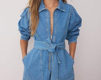 Blaues Denim-Minikleid: Langarm-Jeanskleid, tailliertes Streetwear-Kleid