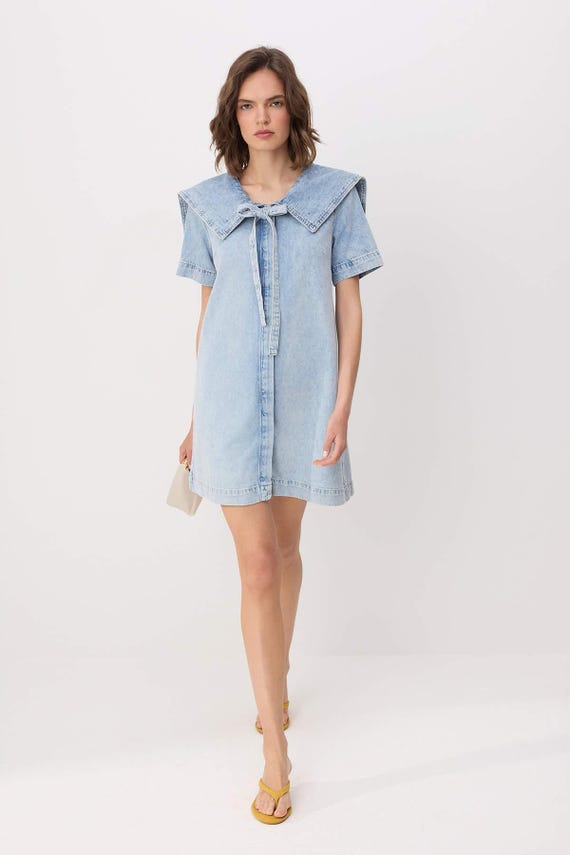 structured denim mini dress Dress, Sailor Collar, 100% Cotton Summer Colour:PINK MULTI Spring Break 26 Tiwa Floral Midi Dress Indigo dress This denim mini dress