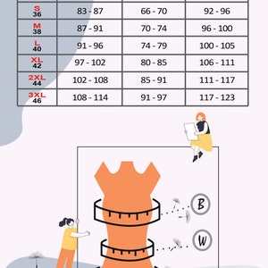 K&ouml;nnte beinhalten: Eine Gr&ouml;&szlig;entabelle f&uuml;r Kleidung mit Ma&szlig;en in Zentimetern. Die Tabelle zeigt die Gr&ouml;&szlig;e, Brustumfang, Taillenumfang und H&uuml;ftumfang f&uuml;r Damenbekleidung. Die Tabelle ist mit einer Karikatur einer Frau illustriert, die auf einer Leiter steht und eine Kleiderpuppe misst.
