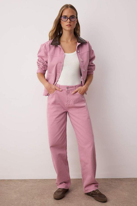 Dusty Rose High-waisted Wide Leg Jeans: Relaxed Fit Denim