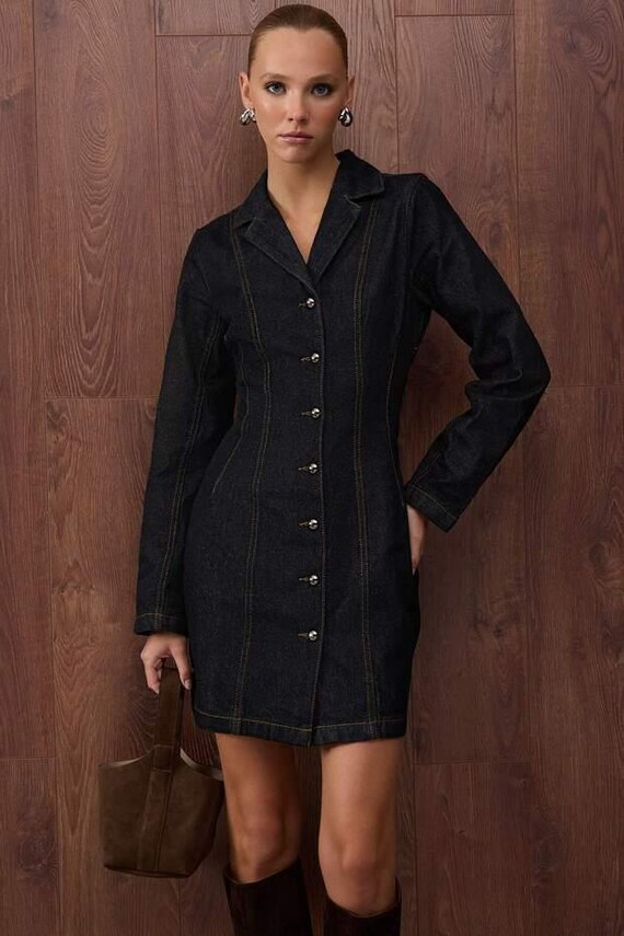 Blue Denim Mini Dress: Fitted Long Sleeve Jean Dress