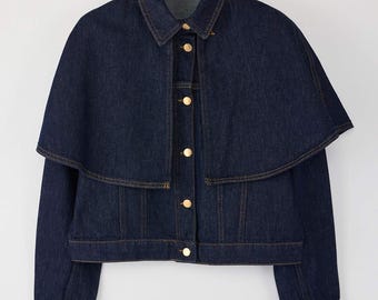 Chaqueta tipo poncho de mezclilla con capa desmontable: prenda de abrigo de algodón estilo boho chic.