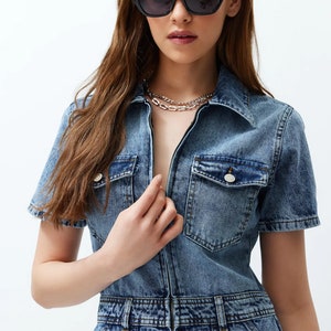 Denim Blue Short Detailed Jean Jumpsuit Above Knee-Length Denim Short Romper Blue Denim Short Overall Casual Summer Romper image 3