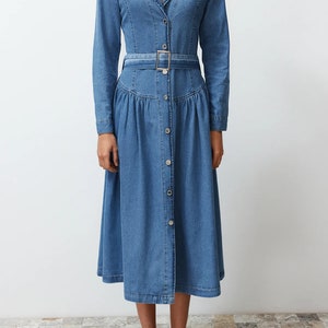 Stylish Belted Blue Jean Maxi Dress Trendy Belted Jean Dress Mid-Sleeve Belted Jean Dress Knee-Length Casual Shirt Collar Denim Dress image 5