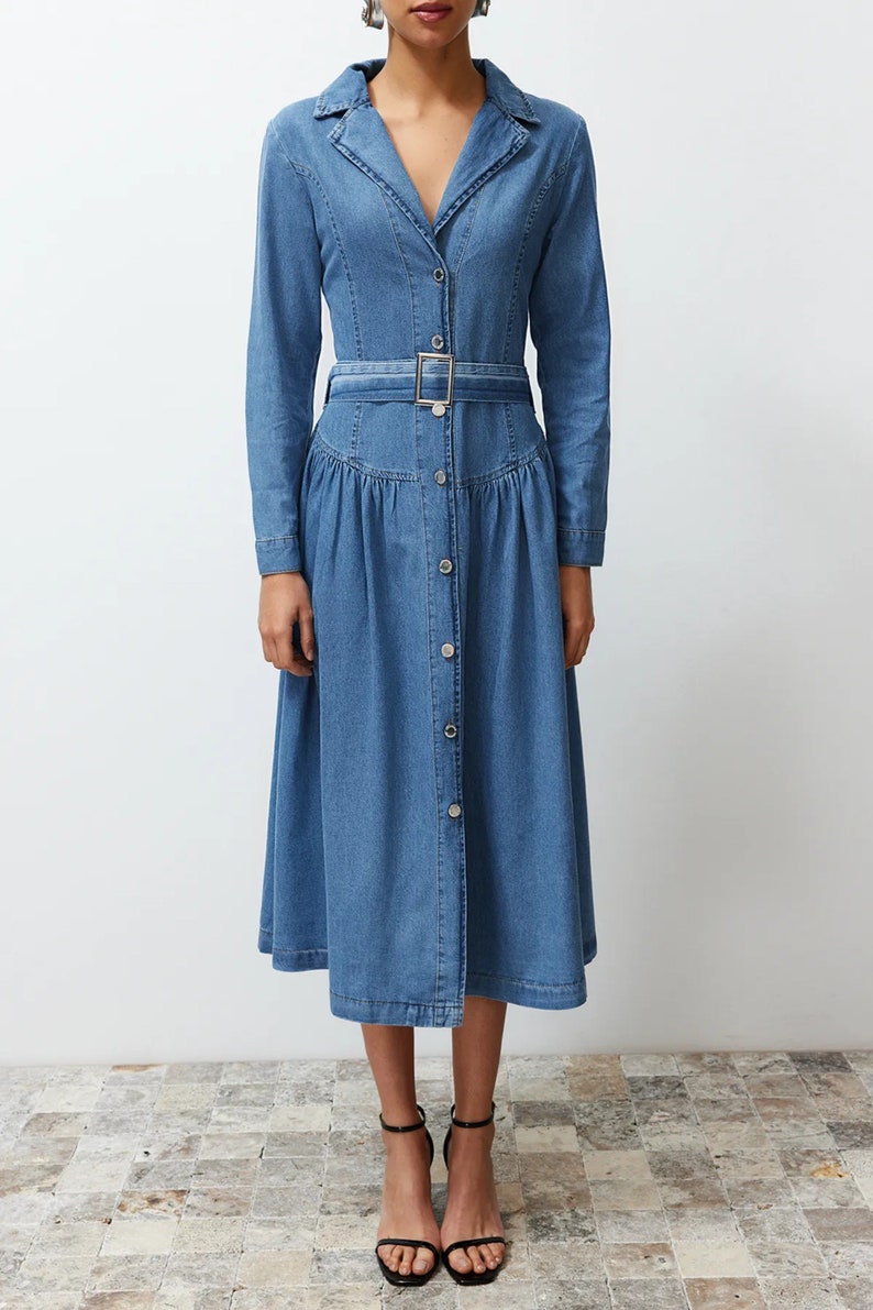 Stylish Belted Blue Jean Maxi Dress Trendy Belted Jean Dress Mid-Sleeve Belted Jean Dress Knee-Length Casual Shirt Collar Denim Dress image 5