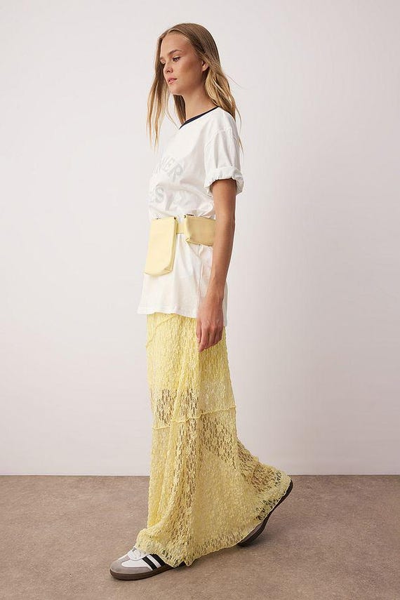 Butter Yellow Lace Maxi Skirt: Elegant A-line Boho Tulle