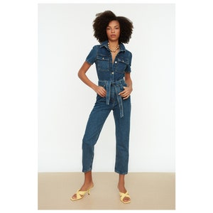 Denim Blue Long Detailed Jean Jumpsuit - Full leg length linen Jumpsuit Jean Romper for Women gift for women, Jumpsuit Women linen, Romper