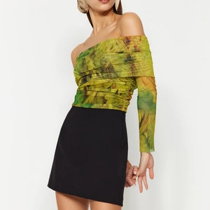Off-the-Shoulder Tulle Transparent Blouse, Sheer See Through Shirt, Long Sleeve Sheer Crop Top, Transparent Shirt, Sheer Lace Top, Blouse