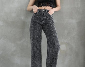 Black Textured Wide Leg Jeans - High Waist Cotton Denim