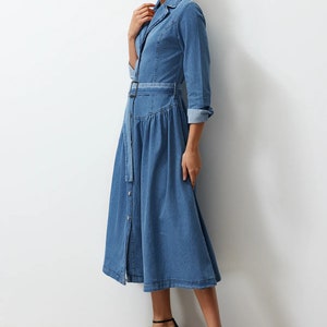 Stylish Belted Blue Jean Maxi Dress Trendy Belted Jean Dress Mid-Sleeve Belted Jean Dress Knee-Length Casual Shirt Collar Denim Dress image 2