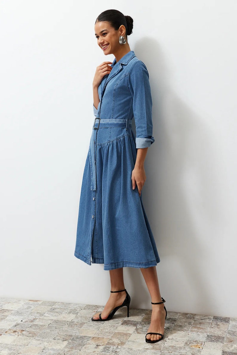 Stylish Belted Blue Jean Maxi Dress Trendy Belted Jean Dress Mid-Sleeve Belted Jean Dress Knee-Length Casual Shirt Collar Denim Dress image 2