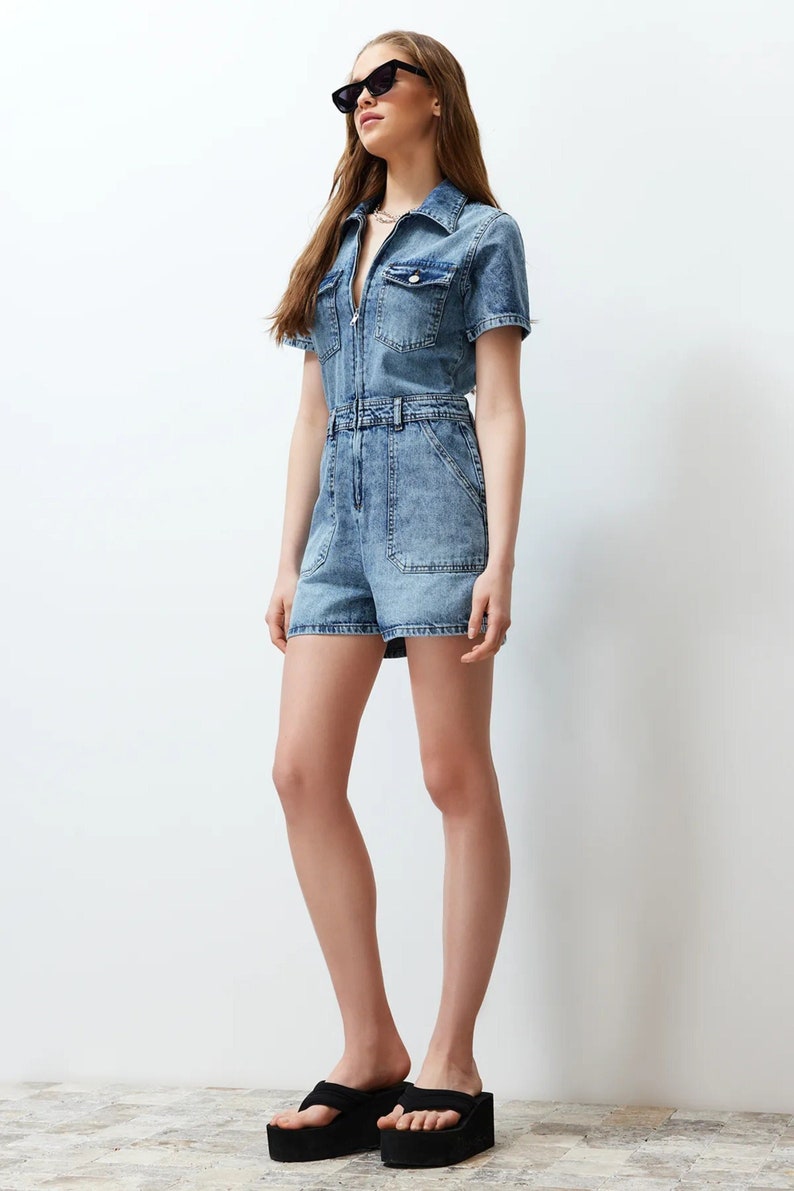 Denim Blue Short Detailed Jean Jumpsuit Above Knee-Length Denim Short Romper Blue Denim Short Overall Casual Summer Romper image 1