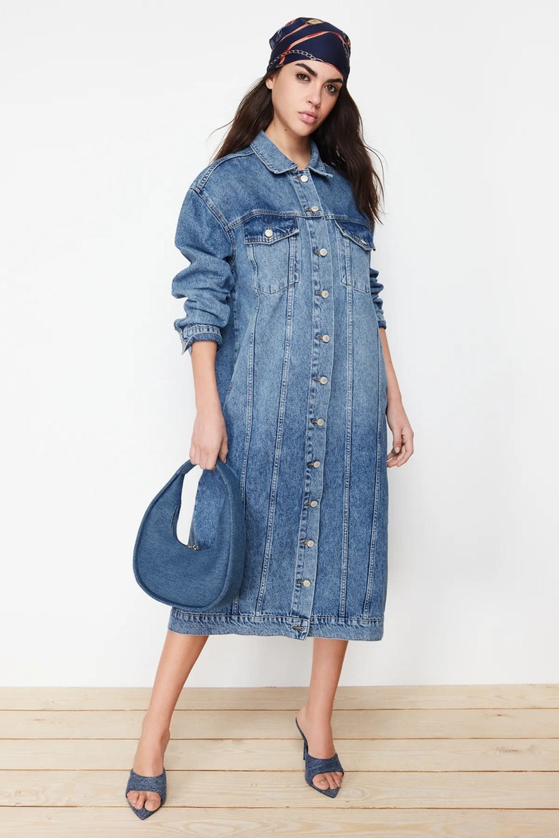 Denim Blue Women Trench Coat Dress, Classy Midi Trench Coat, Spring Long Sleeve Jean Loose Denim Belted Trench Dress image 1