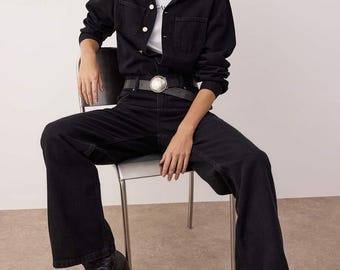 Denim Jumpsuit: Black Cotton Jean Romper - Long, Detailed Design