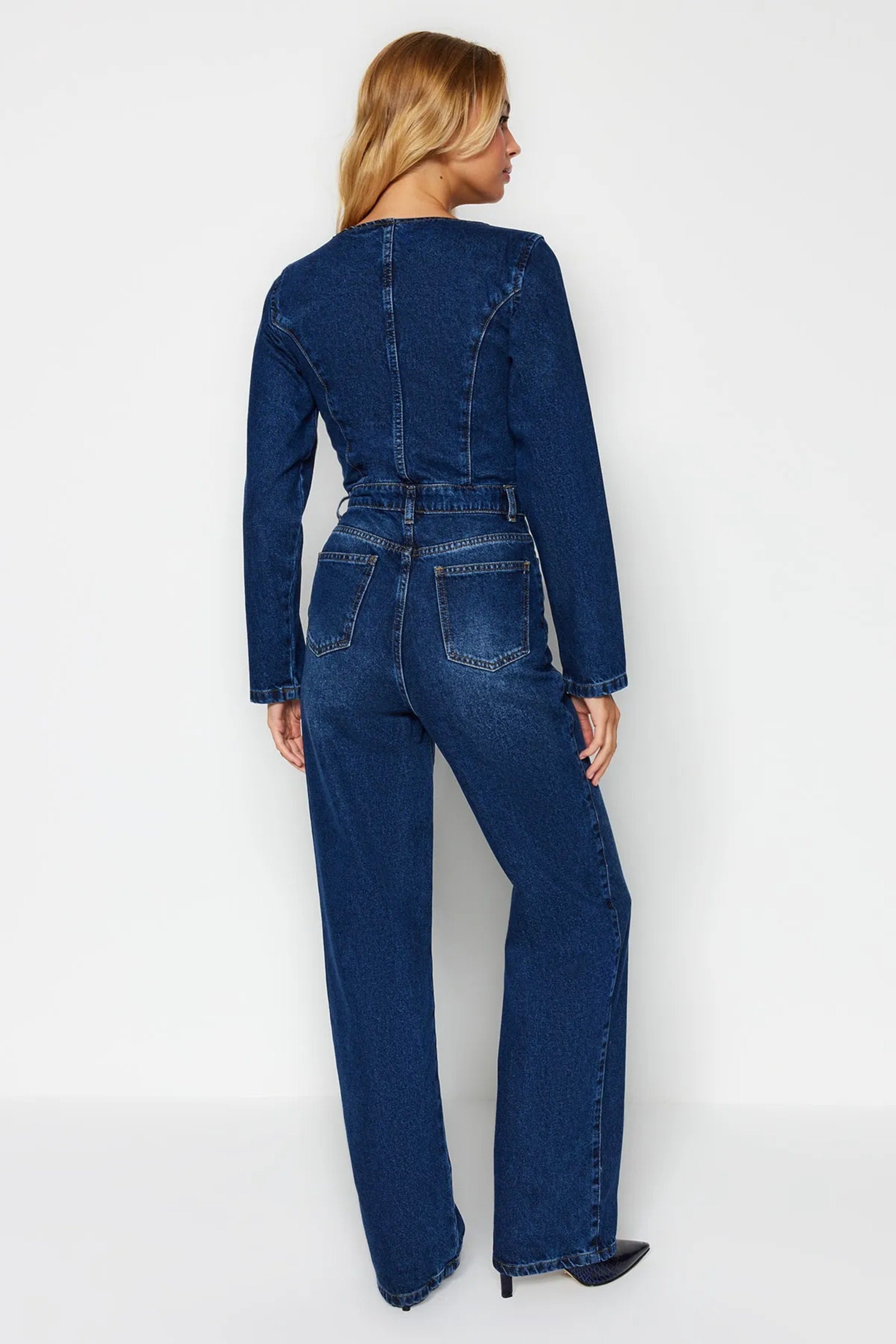 Denim Blue Long Detailed Jean Jumpsuit Full Leg Length Linen Jumpsuit