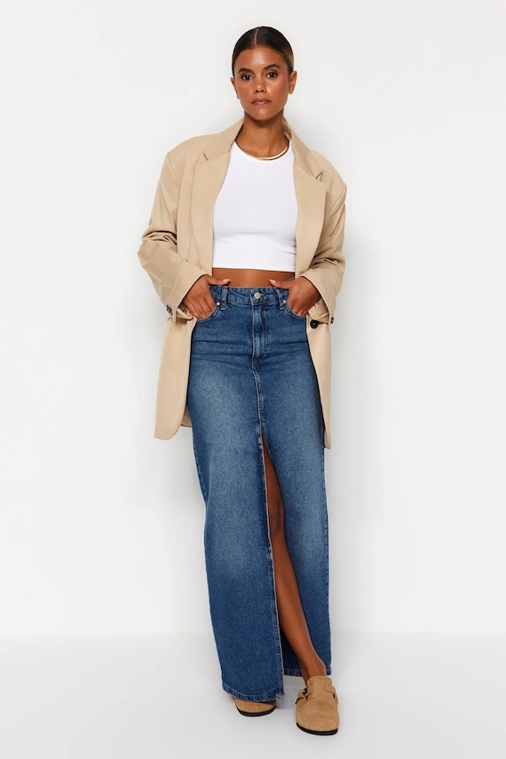 【BAON】Ronconi Banding Slit Patch Denim Long Skirt Blue Woman Long Denim Skirt, Front Slit Jeans Long Skirt