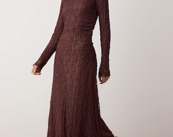 Braun gefüttertes Spitzenstrick-Maxikleid, bescheidenes, figurbetontes Langarmkleid für Frauen
