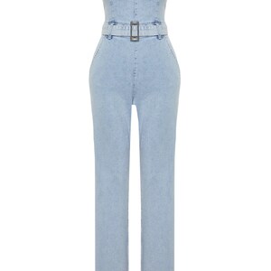 Combinaison en jean longue et détaillée en denim noir Combinaison toute la longueur des jambes Barboteuse en jean pour femme, Combinaison en coton pour femme, Barboteuse pour femme image 5