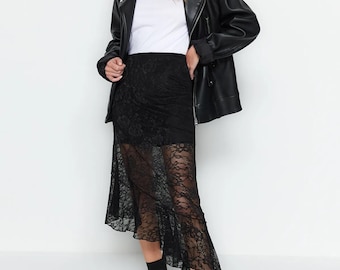 Black Lace Midi Dress: Asymmetrical A-Line Skirt