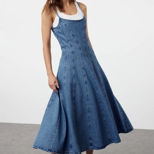 Vestido largo de mezclilla con tirantes elegante / Vestido de mezclilla sin mangas moderno / Vestido de mezclilla / Vestido de mezclilla hasta la rodilla