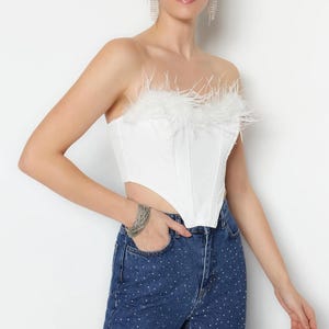 Ostrich Feather Strapless Bustier: Bridal Corset Crop Top