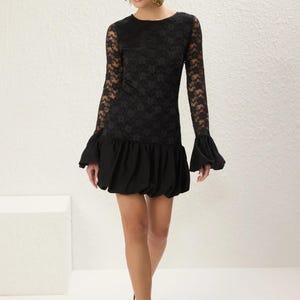 Black A-Line Balloon Skirt Dress with Lace Details, Sleeveless, Lined, Short Knitted Cocktail Dress, Elegant Stylish Party Wear for Women