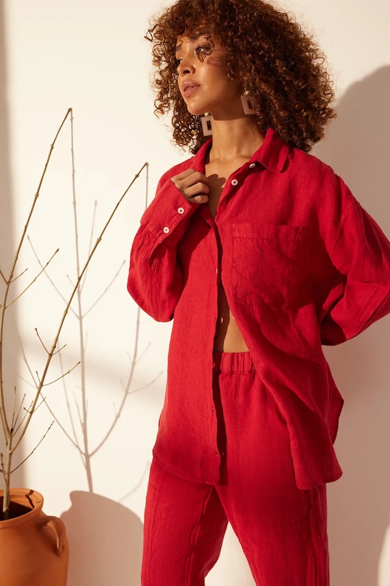 Red Linen Oversized Shirt| Long Sleeves Linen Tops| Casual