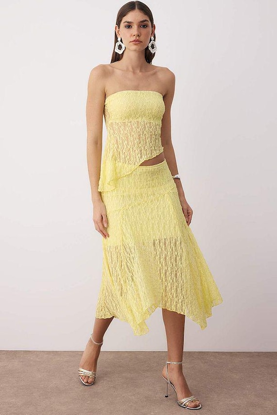 Knit Lace Two-Piece Set: Strapless Crop Top & High Waist Skirt