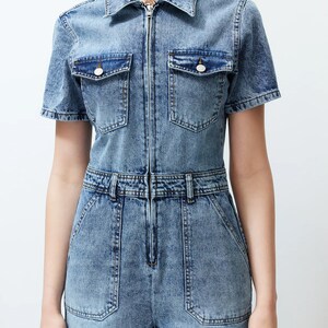 Denim Blue Short Detailed Jean Jumpsuit Above Knee-Length Denim Short Romper Blue Denim Short Overall Casual Summer Romper image 5