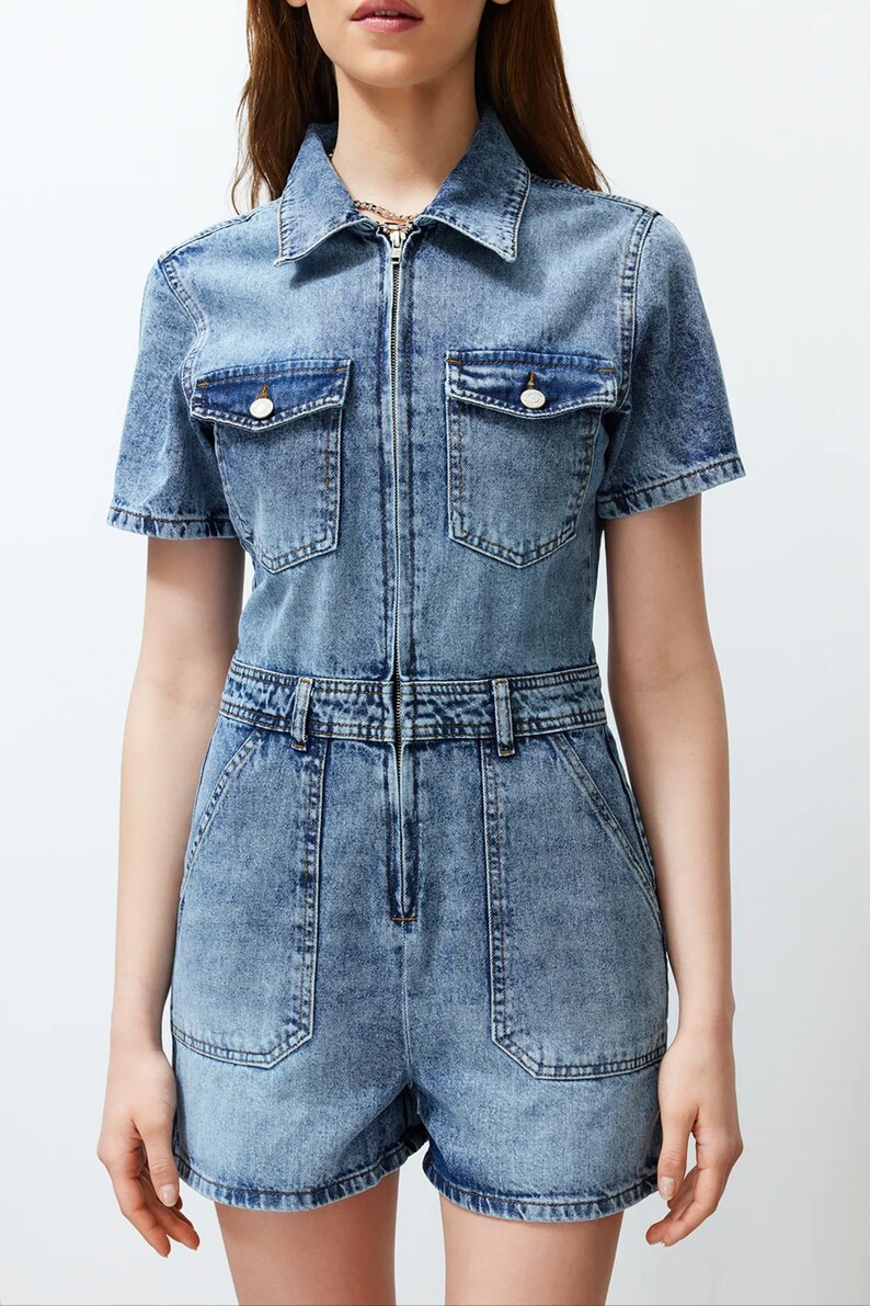 Denim Blue Short Detailed Jean Jumpsuit Above Knee-Length Denim Short Romper Blue Denim Short Overall Casual Summer Romper image 5