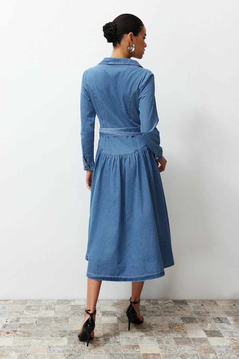 Stylish Belted Blue Jean Maxi Dress Trendy Belted Jean Dress Mid-Sleeve Belted Jean Dress Knee-Length Casual Shirt Collar Denim Dress image 7