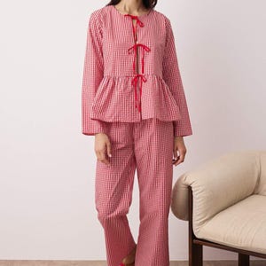 Red Plaid Woven Pajama Set with Tie-Front Detail, Button-Down Long Sleeve Shirt and Elastic Waist Pants, Cozy and Stylish Homewear for Women