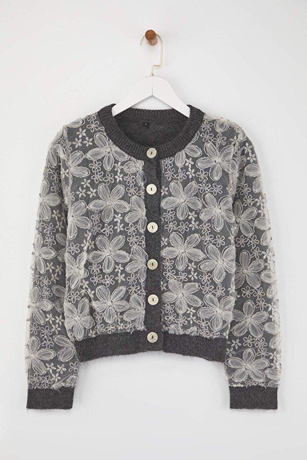 Lace Trim Knit Cardigan • Dark Grey Accent Sweater - Etsy Canada