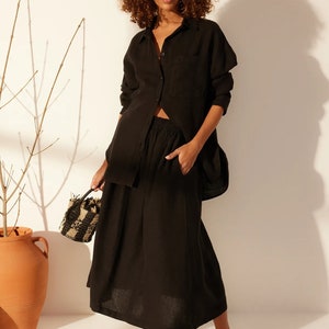 Black Maxi Linen Skirt | Trendy Long Linen Skirt | Linen Elastic Waist Midi Skirt for Summer | Black Maxi Casual Summer Skirt