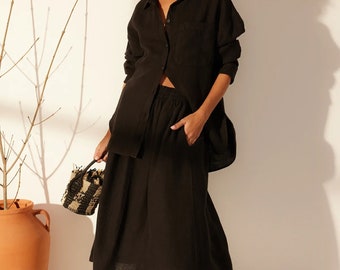 Black Maxi Linen Skirt | Trendy Long Linen Skirt | Linen Elastic Waist Midi Skirt for Summer | Black Maxi Casual Summer Skirt
